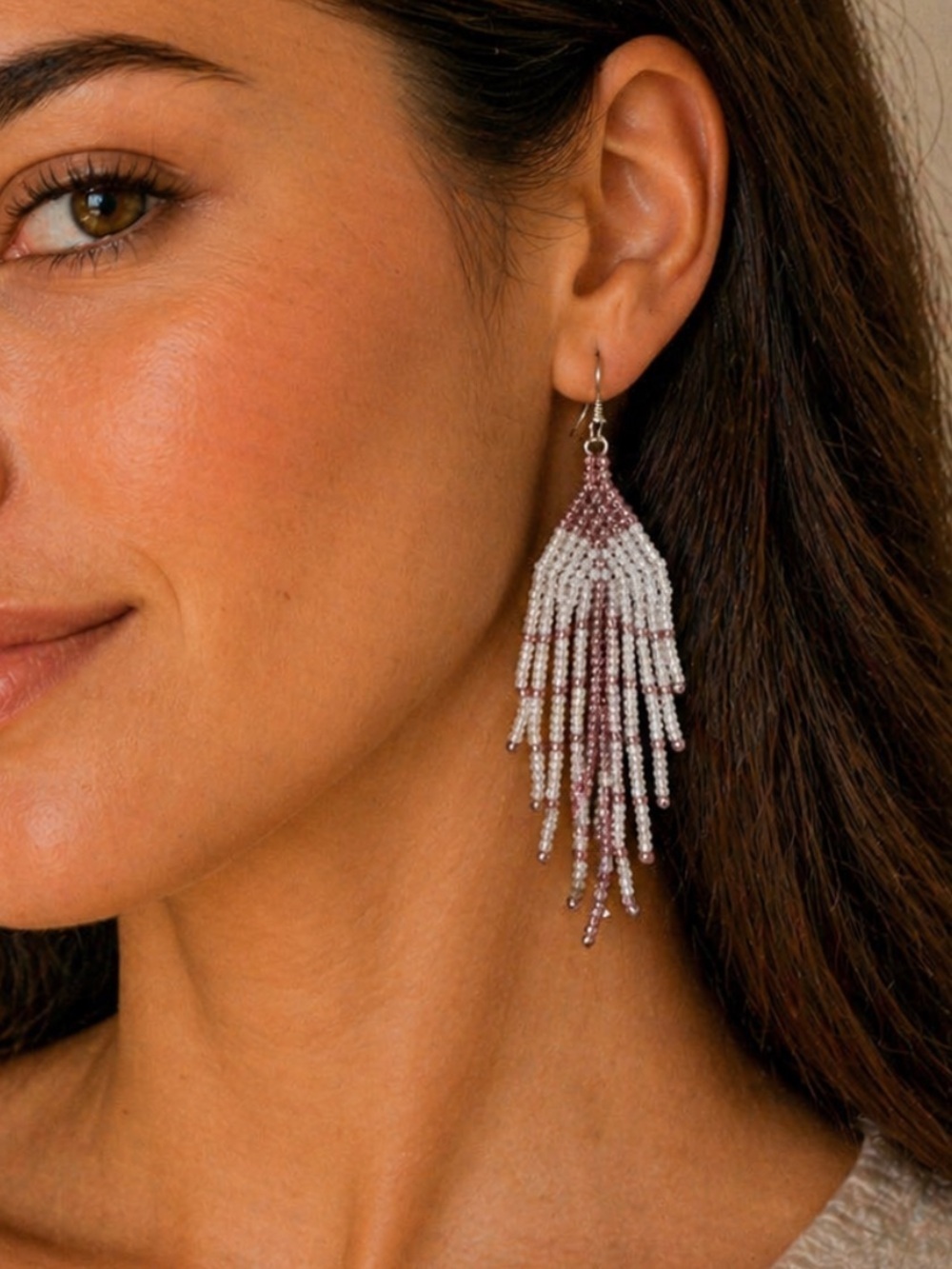 Boho Beaded Fringe Earrings in Light Pink - Women Jewelry